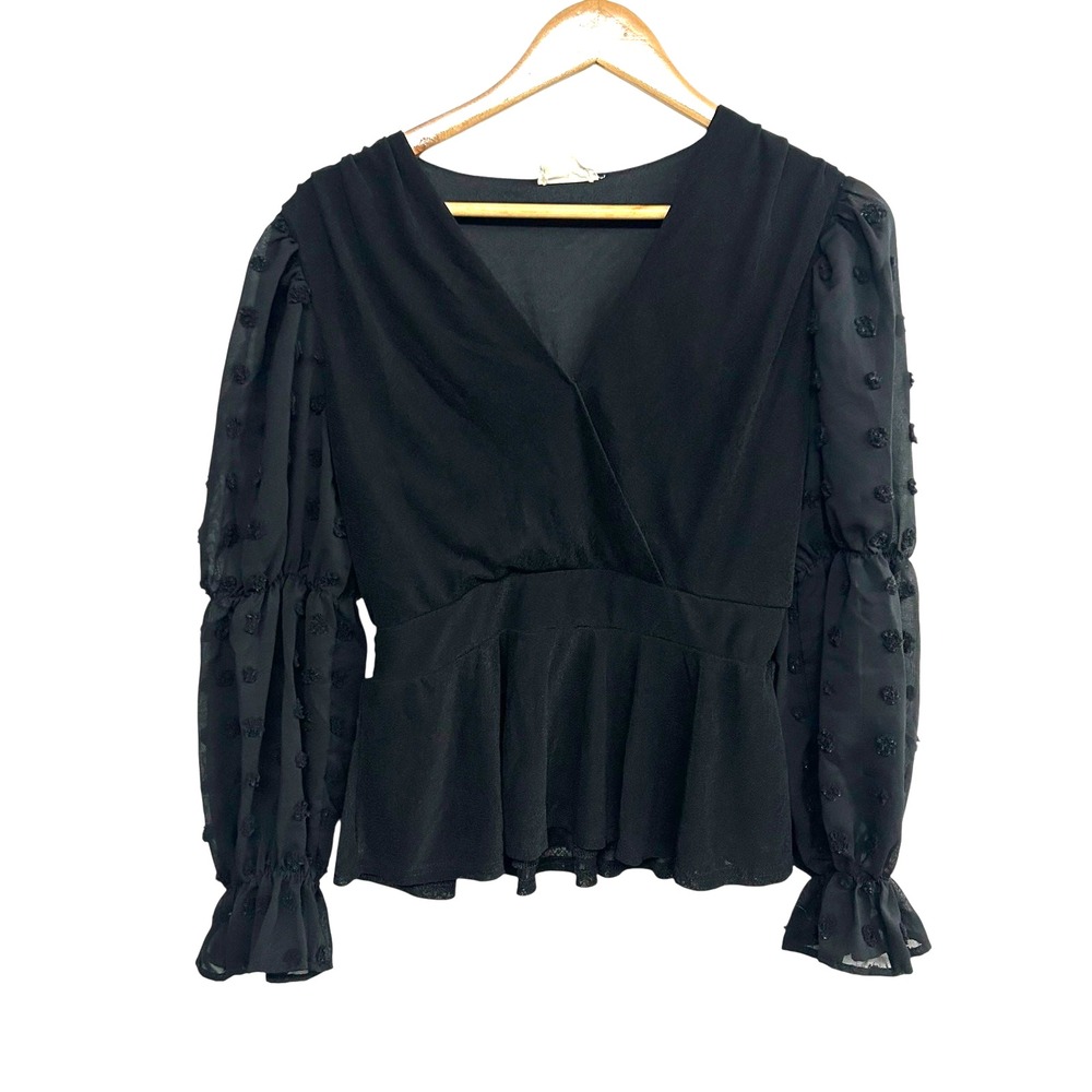 Black Sheer Sleeve Blouse M Swiss Dot Dark‎ Romantic Gothic Femme Witchy